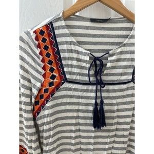 Women’s Boutique Striped 3/4 Sleeve Blouse Grey White w/ Orange Embroidered